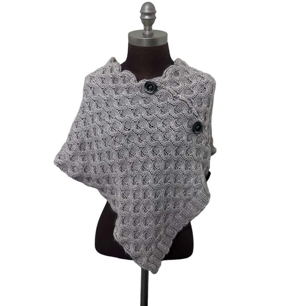 Stylish Gray Knit Wool & Alpaca Blend Scarf Wrap Poncho Made in Italy